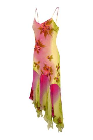 Colorful floral dress with pink and yellow gradient on a white background