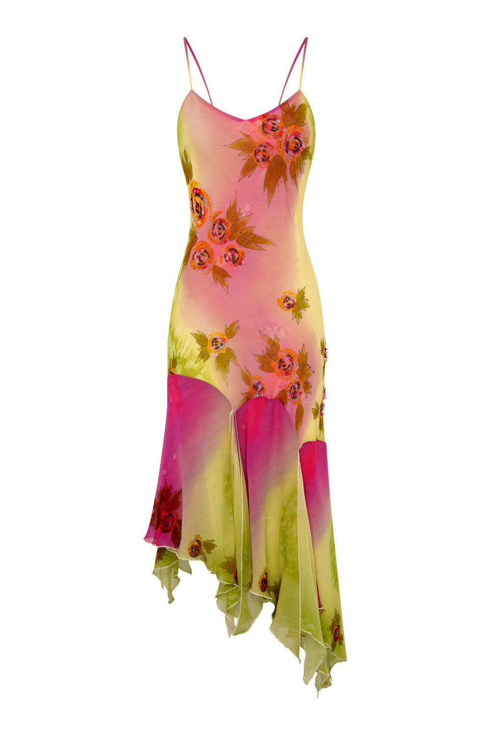 Cybersweeties Pinterest viral Colourful floral dress on a white background worn by 6kenza. Y2k, 2000s asymmetrical midi dress. The Coral beaded watercolour hand painted dress - prom - evening dress - cocktail dress.