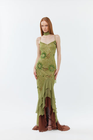 (Pre-order) The Enchanted Ivy Gown - 100% silk hand beaded floor length dress with shawl