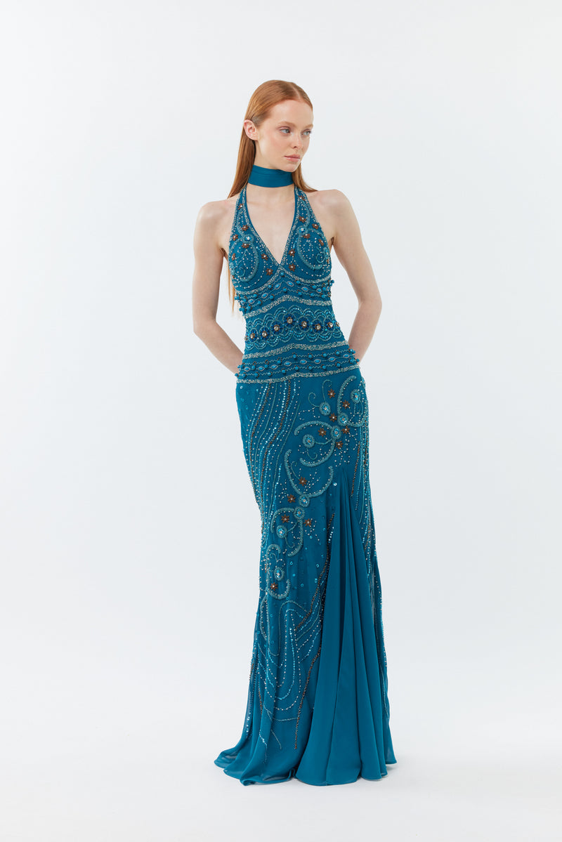 The Starry Night Gown - hand beaded floor length dress