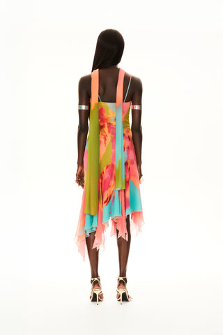Cybersweeties Model wearing a colourful evening dress with floral patterns on a white background. The Tulipa cocktail dress. 2000s, vintage style with shawl 90s style 