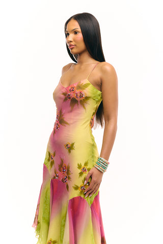 'The Coral' Silk, Hand-beaded Asymmetrical gown (Pre-order)