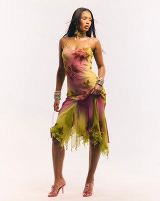 'The Coral' Silk, Hand-beaded Asymmetrical gown (Pre-order)