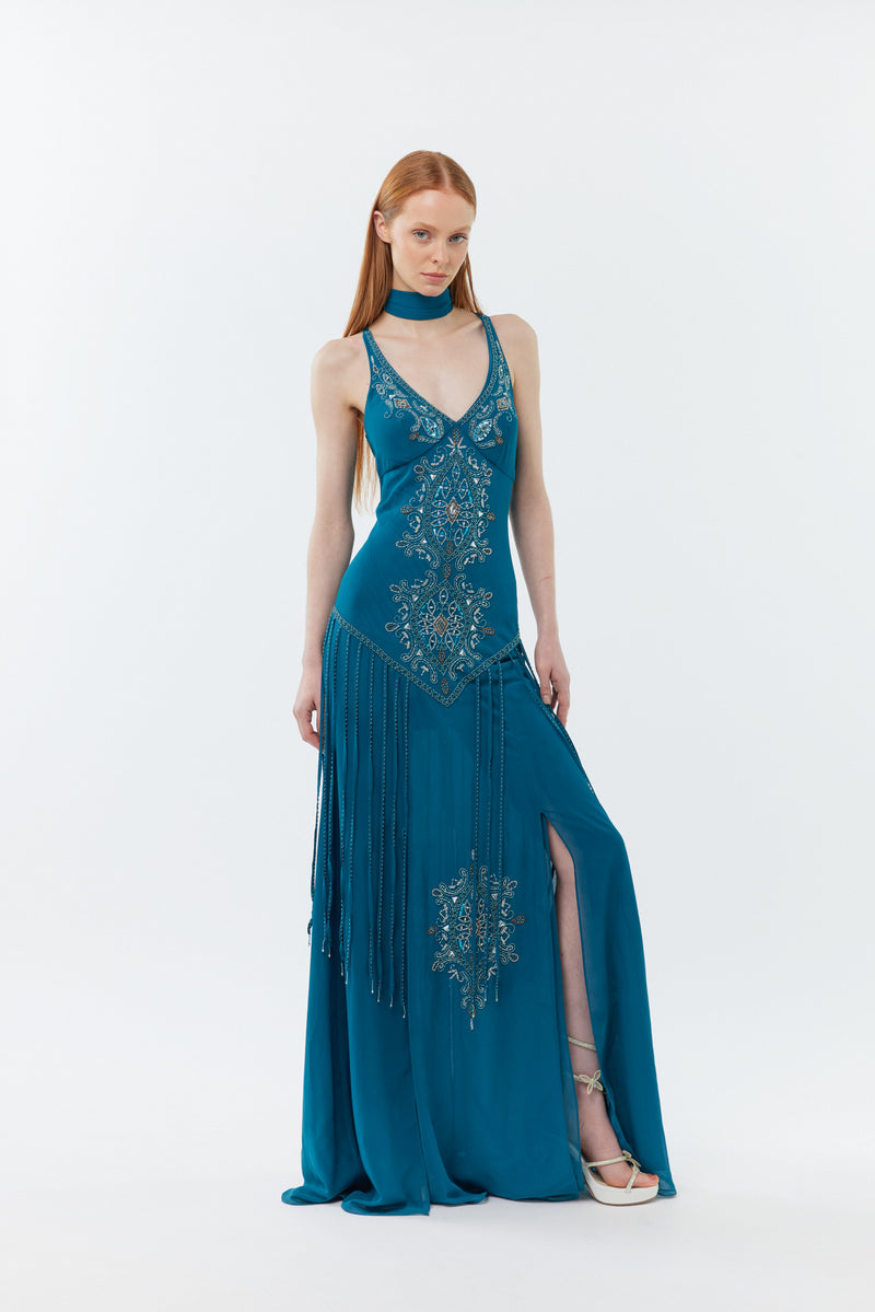 The Gatsby - Hand beaded floor length gown with shawl