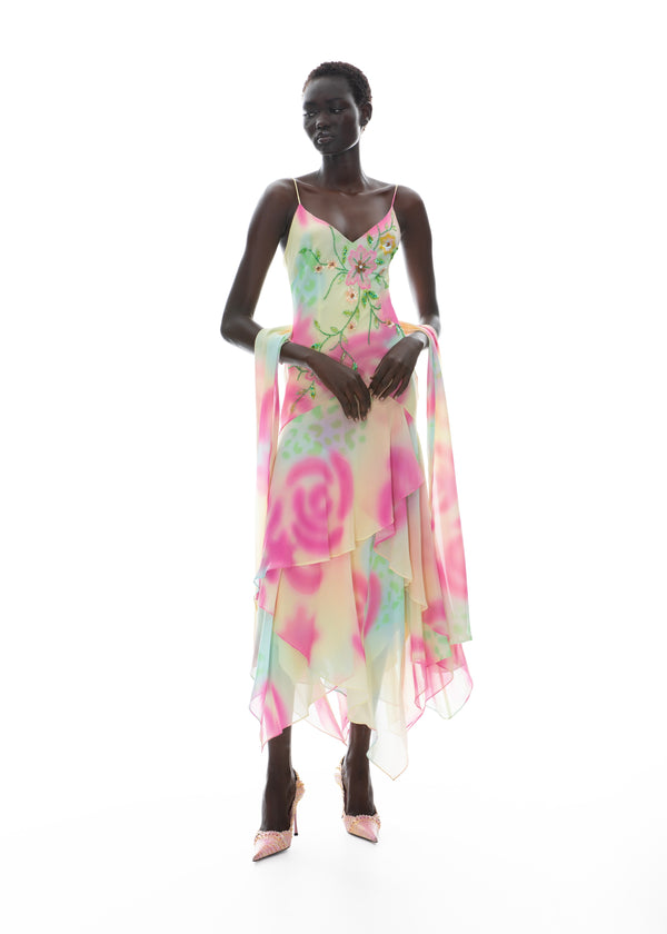 Cybersweetie The Corelia hand painted Watercolour gown. The Corelia gown by CyberSweetie showcasing custom hand-painted floral watercolor patterns on premium fabric. Full-length view of the CyberSweetie Corelia evening gown with a custom hand-painted watercolor art print for special occasions.