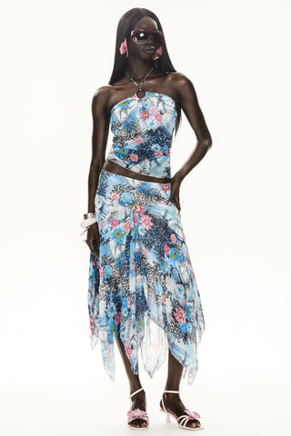 The Siren Blues Serenade Set. Top and skirt. early 2000s, with a unique unforgettable print: soft pink florals layered over icy blue and a whisper of leopard to set you apart. 