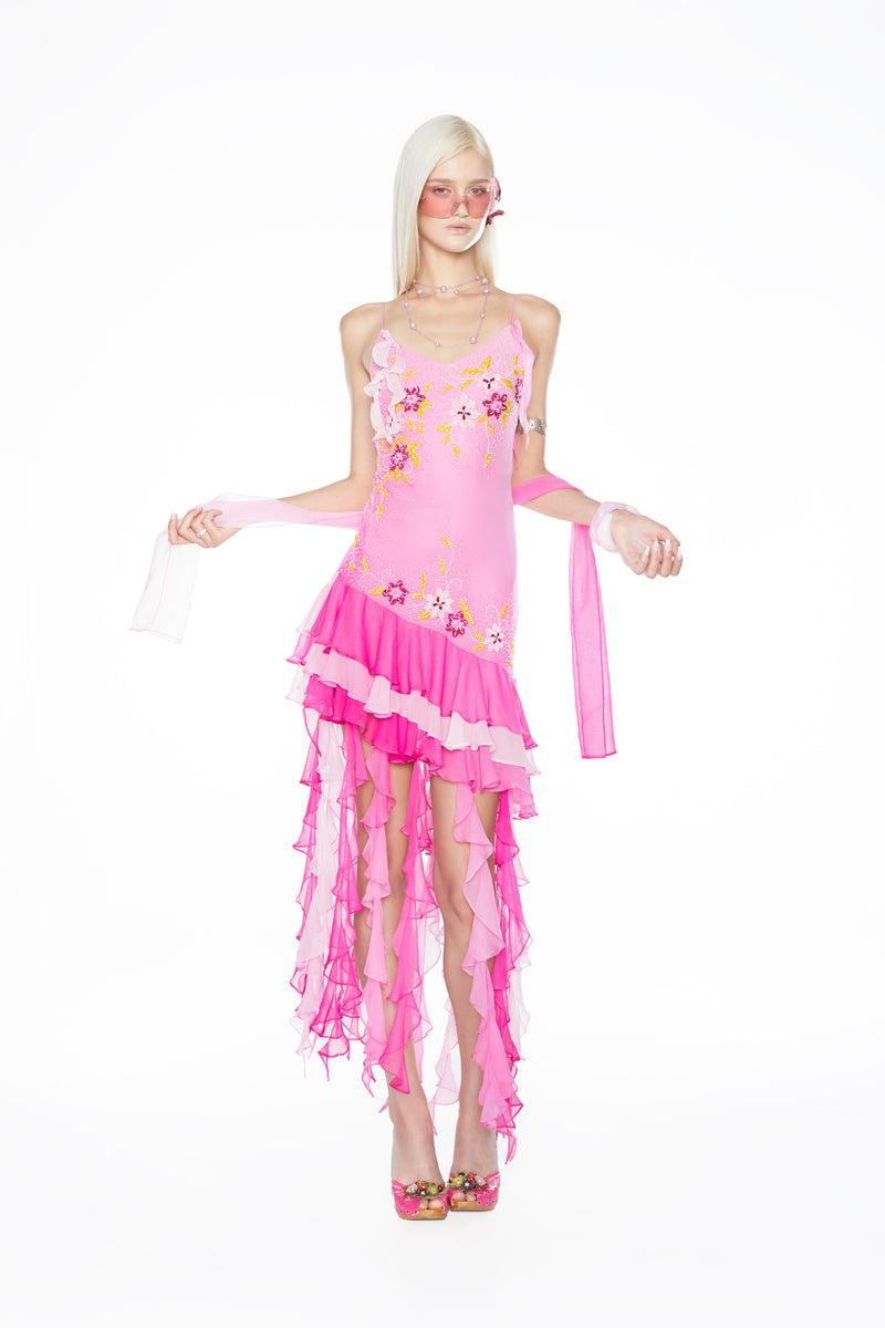 ‘The Rosette Skies’ 100% Silk & Crystal Embellished Mini Dress