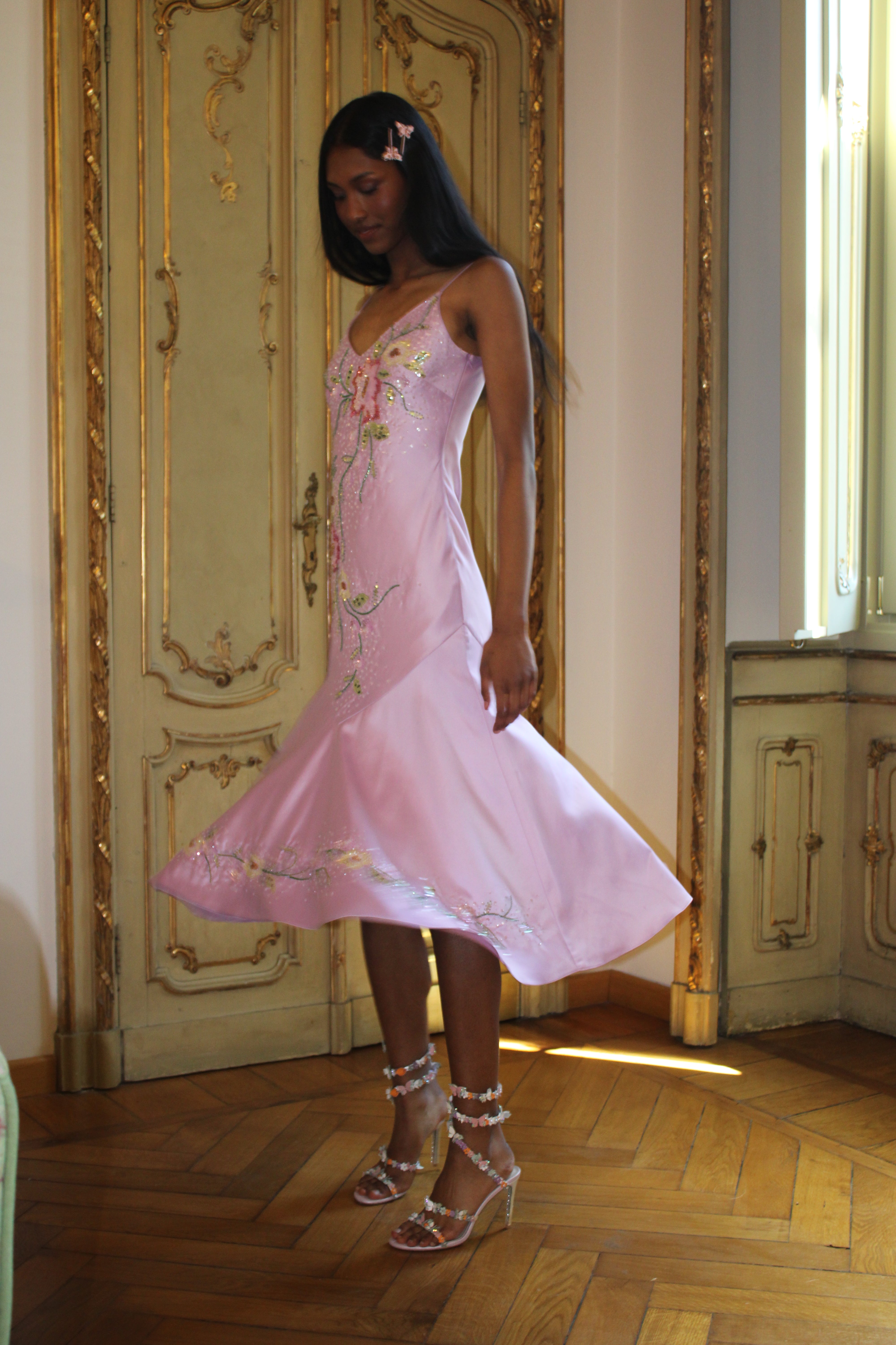 satin hand-beaded cocktail dress ASHLEYlauren 4790 V Neck Hand Beaded Cocktail Dress