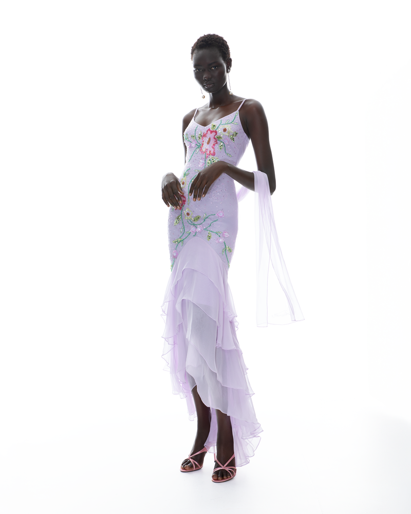 The Enchanted Moonelle Gown | 100% Silk Lavender Hand-Beaded Gown