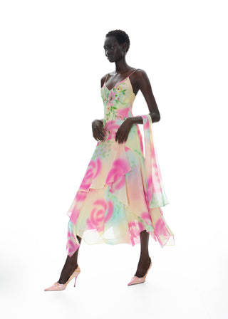 Cybersweetie The Corelia hand painted Watercolour gown. The Corelia gown by CyberSweetie showcasing custom hand-painted floral watercolor patterns on premium fabric. Full-length view of the CyberSweetie Corelia evening gown with a custom hand-painted watercolor art print for special occasions.