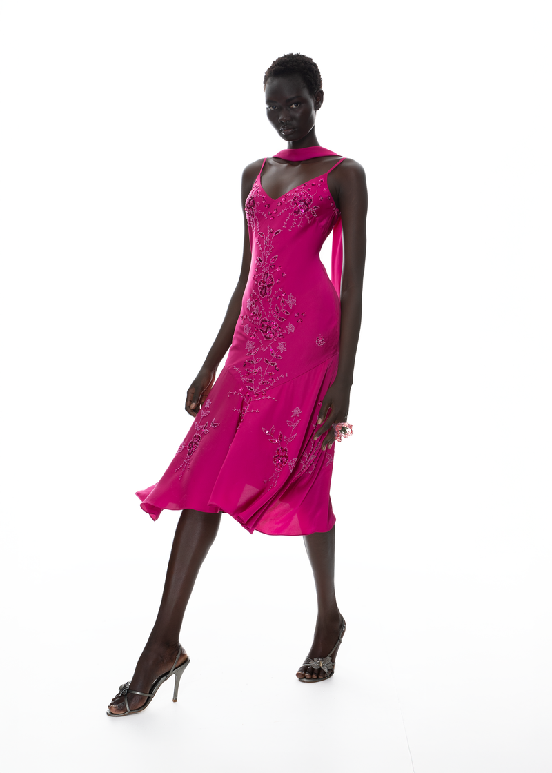 The Satin Amethyst Aurora - Hand Beaded Midi Dress