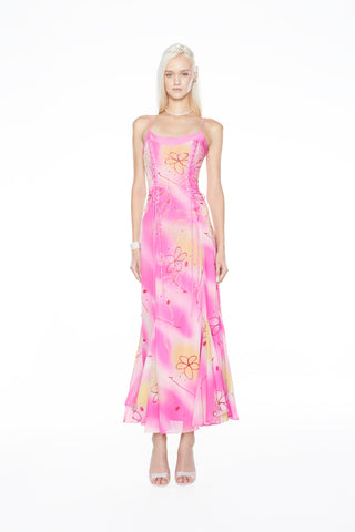 1990s-inspired full-length gown by CyberSweetie featuring a hand-beaded sculpted corset and a soft, elegant bias-cut skirt.