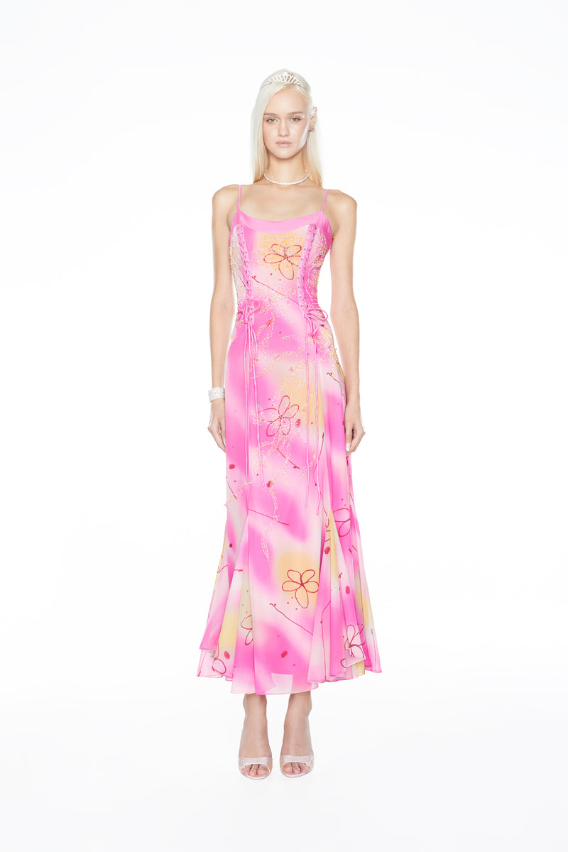 1990s-inspired full-length gown by CyberSweetie featuring a hand-beaded sculpted corset and a soft, elegant bias-cut skirt.