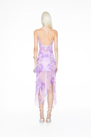 Vintage-inspired 100% silk gown, The Candy Crush by CyberSweetie, featuring an asymmetrical silhouette and a fluid watercolor print.
