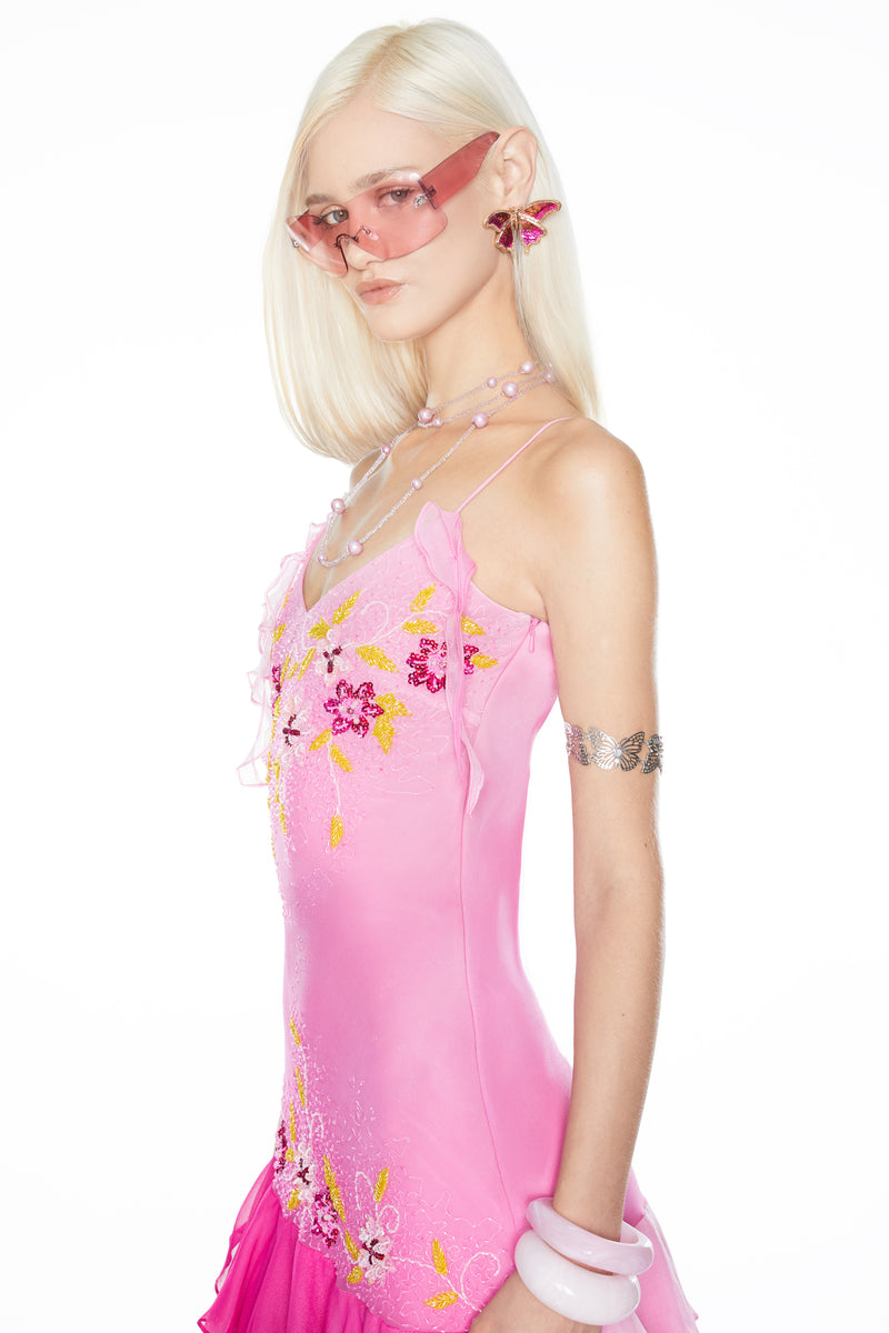 ‘The Rosette Skies’ 100% Silk & Crystal Embellished Mini Dress