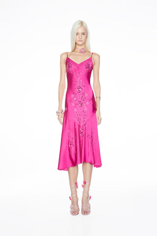 The Satin Amethyst Aurora - Hand Beaded Midi Dress