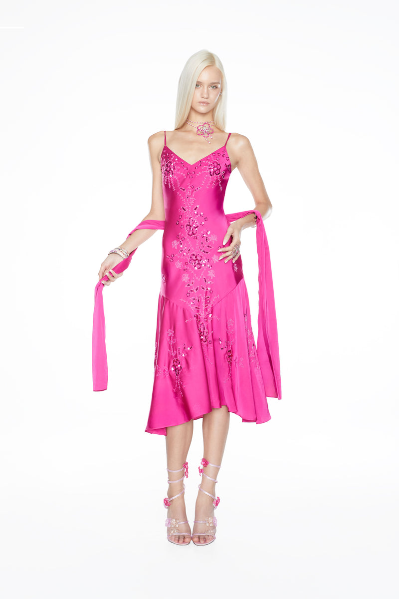 The Satin Amethyst Aurora - Hand Beaded Midi Dress