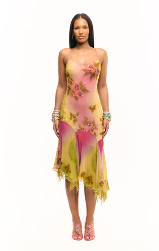 'The Coral' Silk, Hand-beaded Asymmetrical gown (Pre-order)