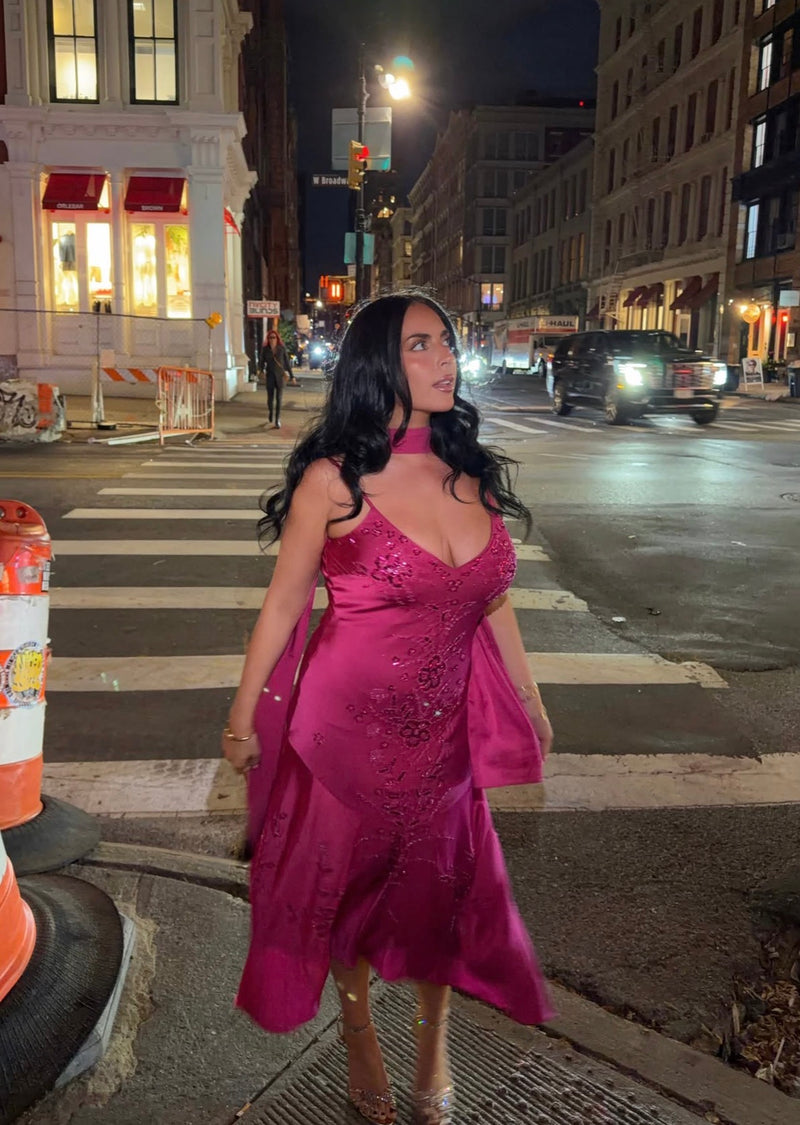 @cinziabayliszullo wears Hot pink satin Amethyst gown with a draped neckline, styled for a chic New York City evening.