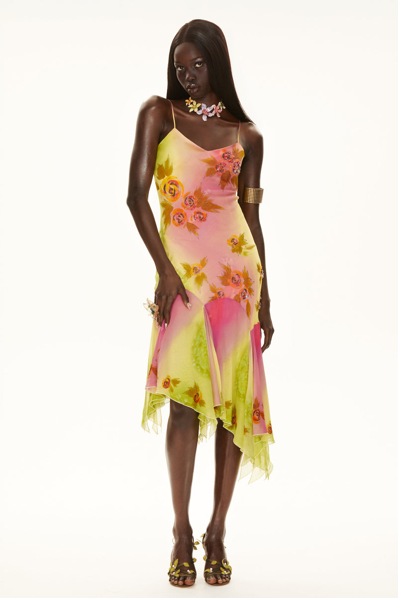 Whimsical fairy aesthetic pink and green gradient silk gown with artisan hand-beaded flowers for a standout evening look.