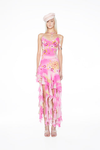 Playful hand-beaded mini dress by CyberSweetie featuring a soft ruffled skirt, a bias-cut fit, and a matching shawl.