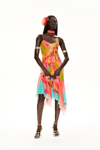 CyberSweetie Tulipa gown featuring hand-painted flowers, glistening gem embellishments, and a handkerchief hem. Whimsical 2000s-inspired hand-painted floral gown with a handkerchief hemline, perfect for a standout wedding guest look.